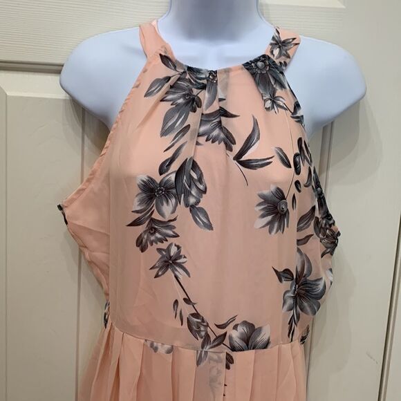 Fashion Mia Large Scoop Neck Short Sleeve Tie Back Peach Gray Floral Maxi Dress - Picture 3 of 14